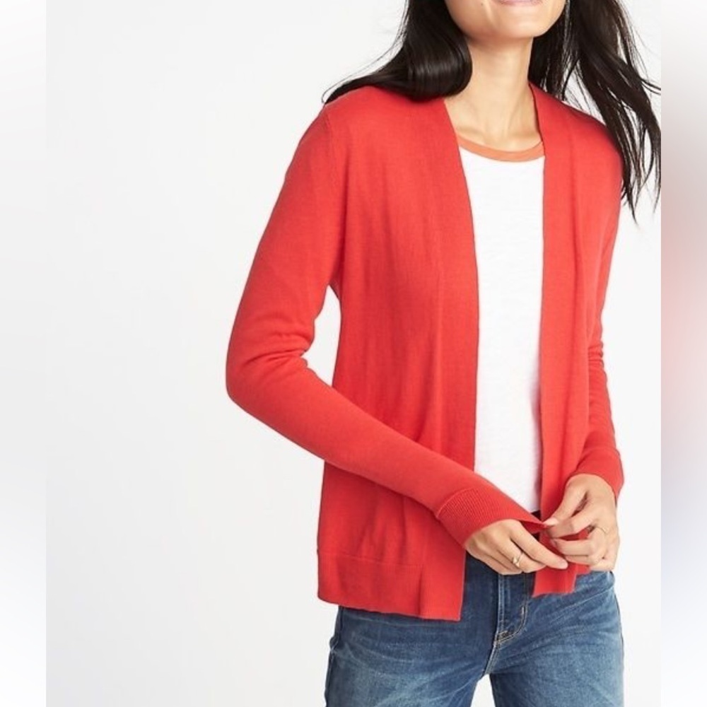 Open Front Long Sleeve Lightweight Cardigan XS Red Orange